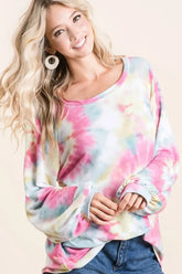 BiBi Tie Dye Print Terry Top With Puff Sleeves OutfitFlow
